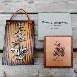 Vintage Canadiana Metal Wood Wall Hanging Art Dogwood British Columbia PLAQUES